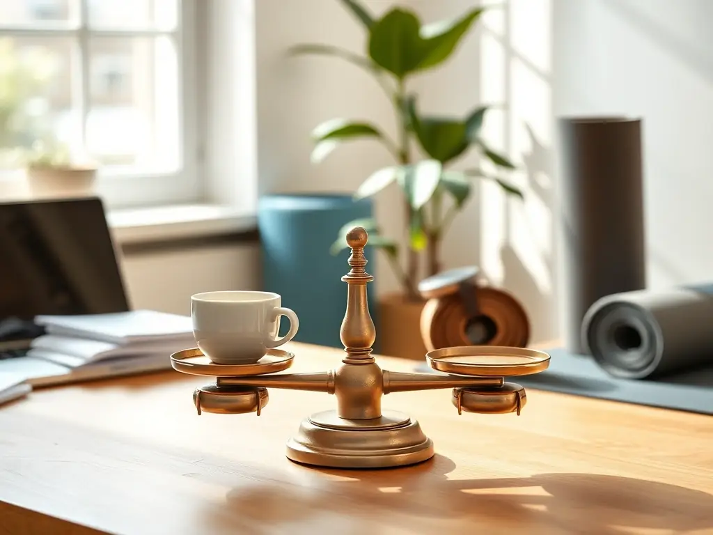 A balanced scale with work items on one side and personal items on the other, symbolizing work-life balance, for Kalli's Touch coaching services.