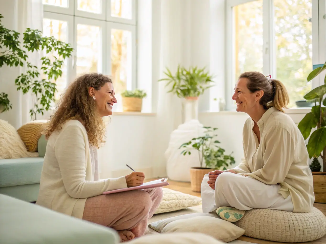 A serene image depicting a one-on-one coaching session in a sunlit office, emphasizing the personal and supportive nature of personal life coaching.