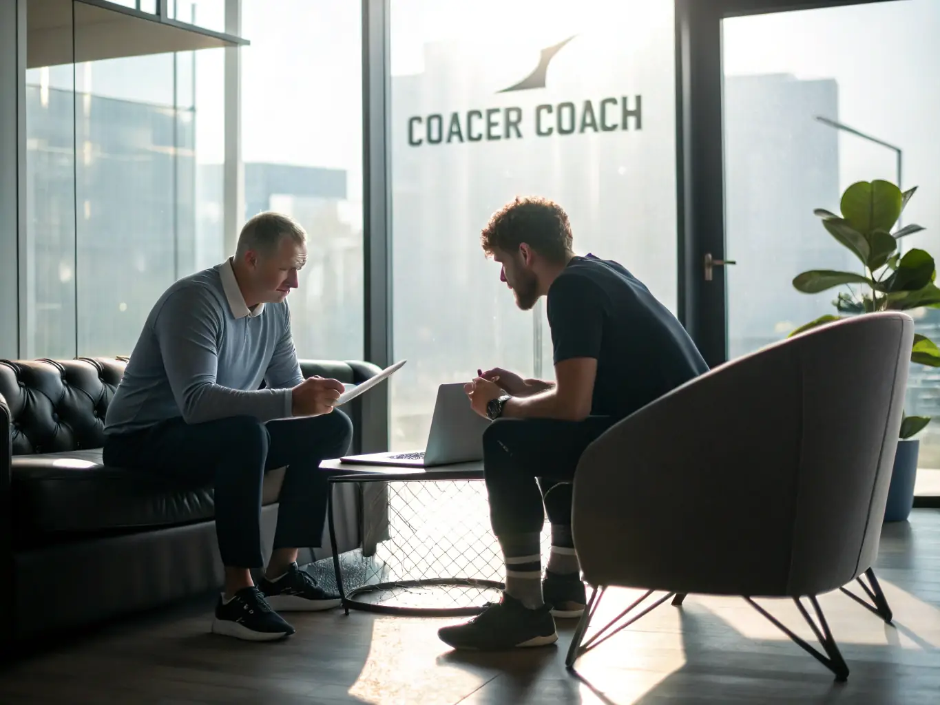 A professional setting showcasing a coach and client discussing career paths, symbolizing the guidance provided in career transition coaching.