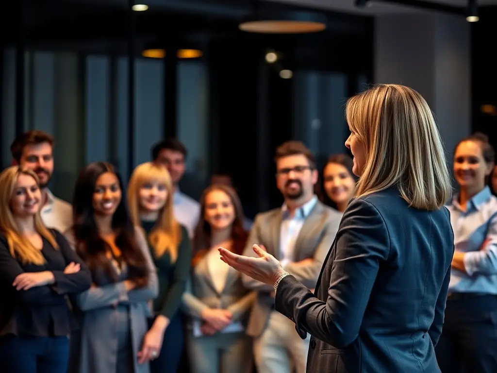 A professional setting with a person confidently presenting in front of a team, representing career advancement and leadership, for Kalli's Touch coaching services.